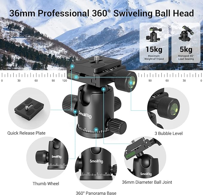 SmallRig Camera Tripod, 71" Foldable Aluminum Tripod/Monopod, 360°Ball Head Detachable, Payload 33lb, Adjustable Height from 16" to 71" for Camera, Phone
