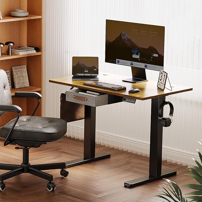 Seang Standing Desk with Drawer, 40" x 24" Height Adjustable Stand Up Desk, 3 Memory Height Settings with Cable Grommets & Storage Hooks, Ideal for Home & Office, Rustic Brown