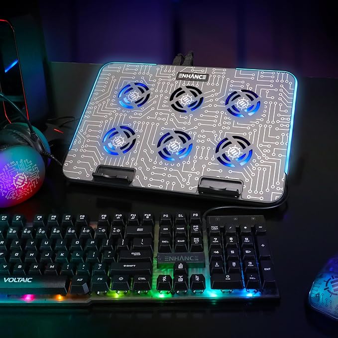 ENHANCE Gaming Voltaic 2 Laptop Cooling Stand - Laptop Cooling Pad with 6 Blue LED Fans, 7 Height Settings, RGB Lighting - Metal Top Cooler Pad with Phone Stand, 2 USB Ports for up to 17 inches
