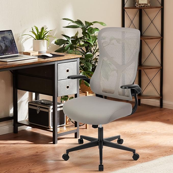 Sweetcrispy High Back Office Chair - Ergonomic Computer Gaming Mesh Chairs with Lumbar Support, with Soft Flip Up Arms, Adjustable Height and 360° Wheels, 120° Rocking Mode, Light Grey