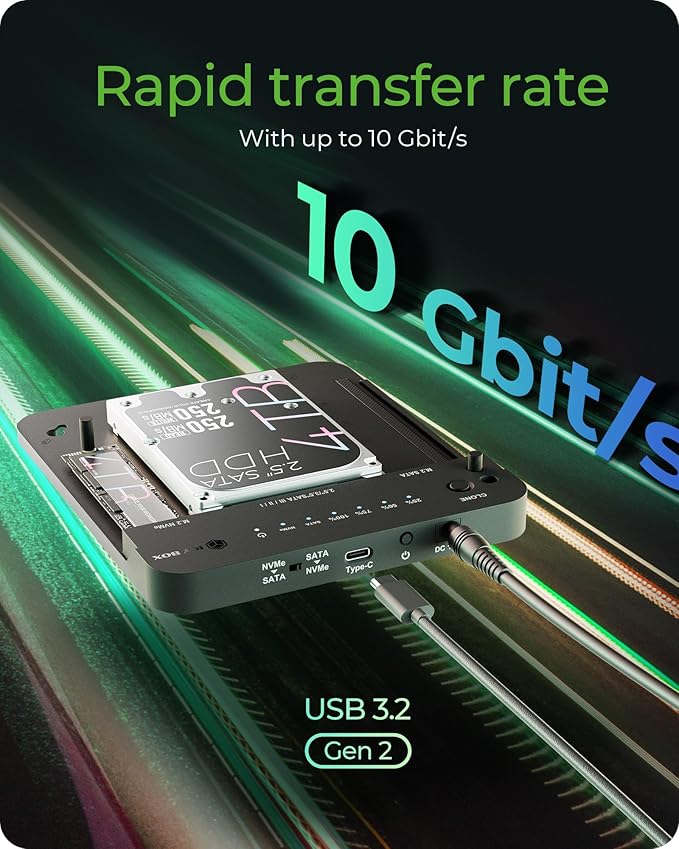 M.2 NVMe & SATA SSD/HDD Docking Station, ICY BOX USB-C 10 Gbps Dual Bay Hard Drive Clone Station & Reader (SATA 2.5/3.5 Inch & M.2 NVMe), Two-Way Cloning, Tool-Free External Adapter