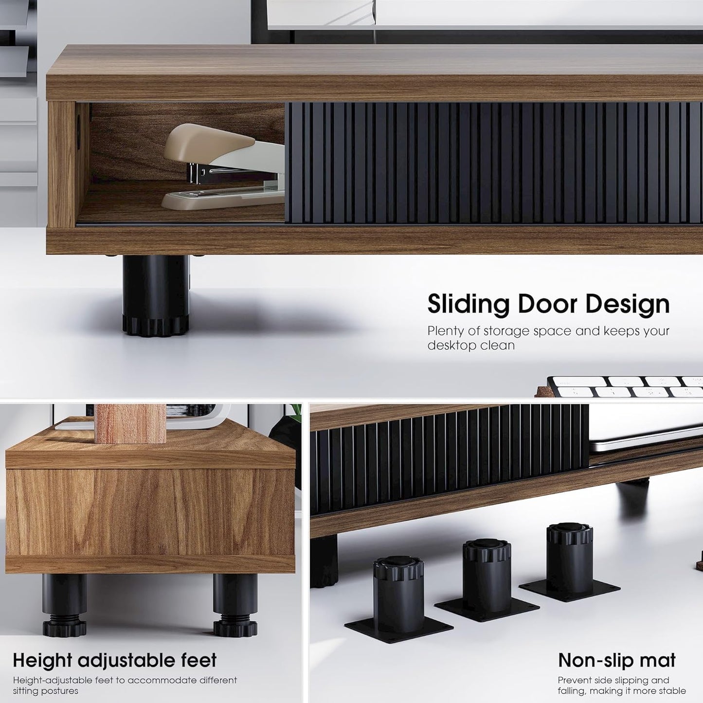 Fenge Dual Monitor Stand, 42.5inch Long Monitor Stands Riser for 2 Monitors, Sliding Door with Storage Organizer Stand for Desk, 2 Tier Desk Shelf for Laptop, Pc, Printer, Computer, TV