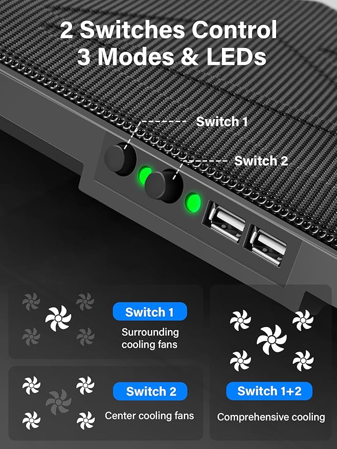 Kootek Laptop Cooling Pad, Laptop Cooler with 5 Quiet Fans for 12"-17" Computer PC Notebook Gaming Laptop Fan, Height Adjustable Laptop Cooling Stand Laptop Accessories, Green