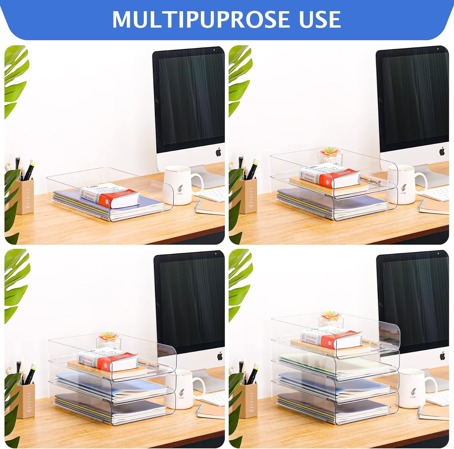 Set of 4 Office Organization and Storage, Clear PET Letter Tray Desk Organizer, Stackable Document and File Paper Organizer for Office Supplies