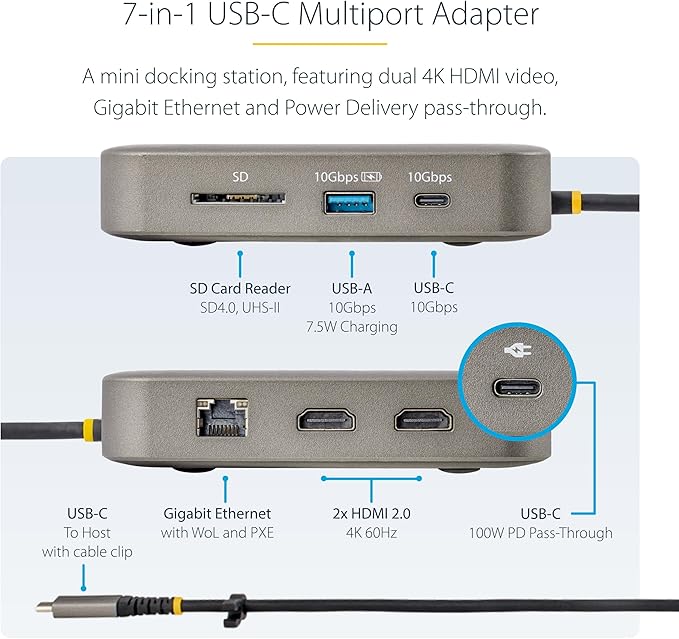 StarTech.com 7-in-1 USB-C DisplayLink Docking Station, Dual Monitor 4K 60Hz HDMI Hub for MacBook (M1/M2/M3/M4) and Windows, USB-A/USB-C 10Gbps Hub, 100W Power Delivery, Charging Dock
