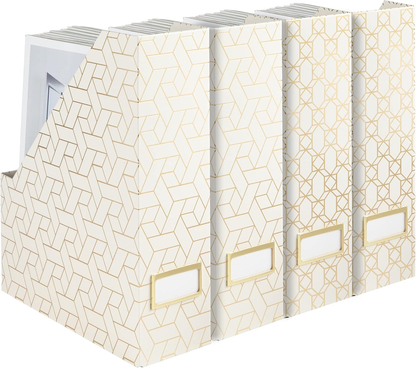 BLU MONACO Decorative Foldable Magazine Storage Boxes for Desk - Set of 4 Gold Magazine Holders with Cream Woven Design – Vintage Magazine File Organizer – Book Bins & Office Décor Storage Solution