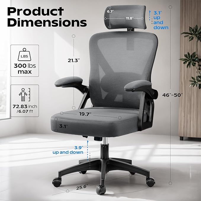 Ergonomic Office Chair, Home Office Desk Chair with Headrest, High Back Mesh Chair with Flip-up Armrests, Comfy Desk Chair with Lumbar Support, Rolling Swivel Task Chair for Office