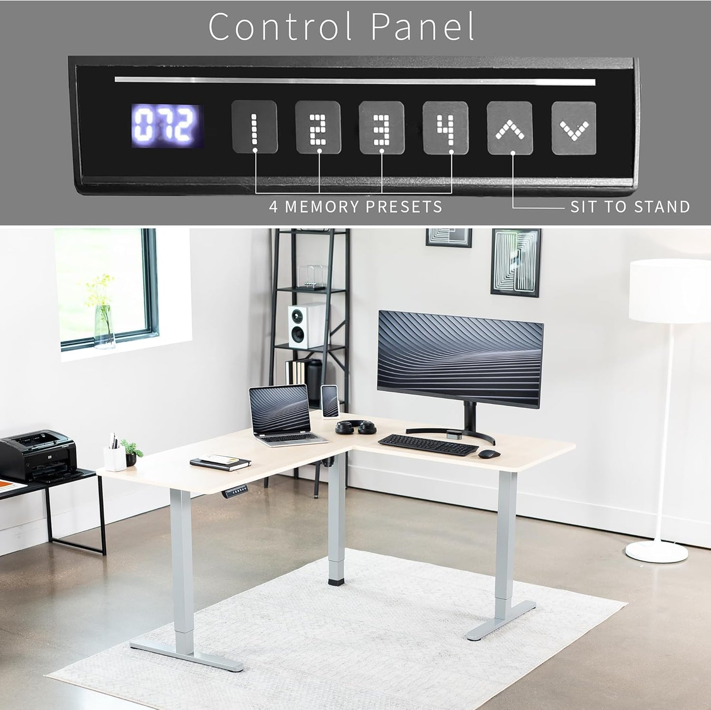 VIVO Electric Corner L-Shaped 63 x 55 in Standing Desk, Memory Height Adjustment, Light Wood Top Gray Frame, DESK-E3CTGC