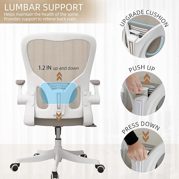 Monhey Office Chair Ergonomic Desk Chair with Lumbar Support&Headrest&Flip-up Arms Height Adjustable Rocking Swivel High Back Computer Chair Warm Taupe Mesh Study Chair (01Khaki)