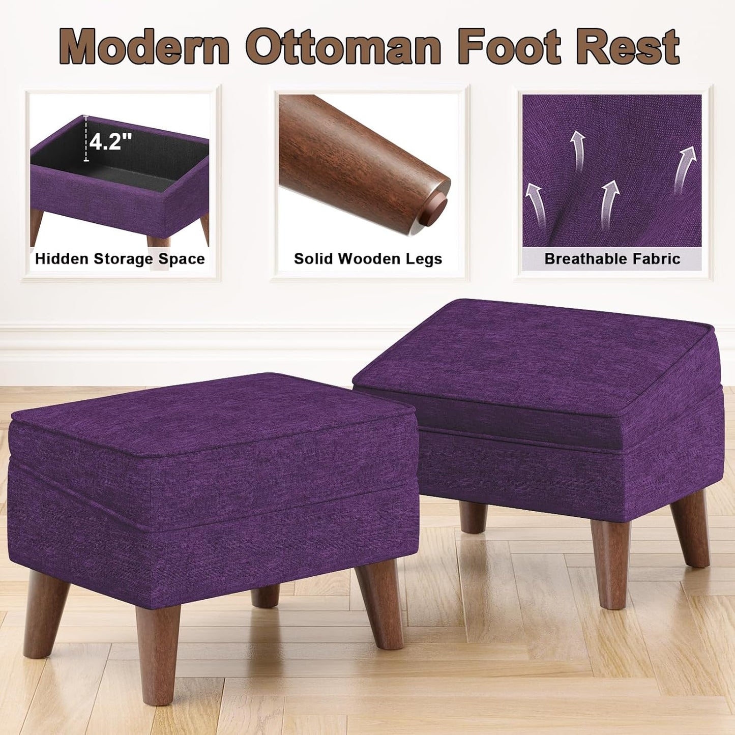 Storage Ottoman, Small Foot Stool Ottoman with Storage, Modern Foot Rest with Adjustable Lid and Sturdy Wood Legs for Living Room, Bedroom, Couch, Enterway(Purple)