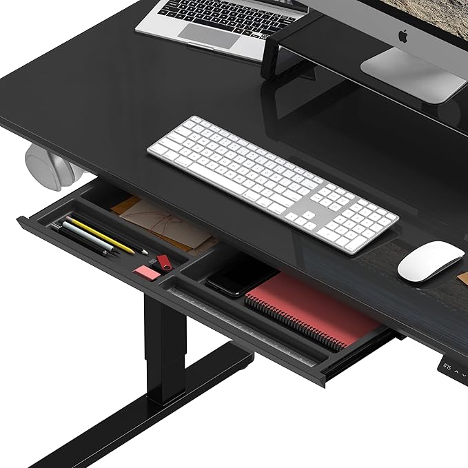 SHW 48x24 Glass Electric Height Adjustable Standing Desk – Motorized Sit Stand Desk with Monitor Riser, Pull-Out Drawer, Memory Presets, Black