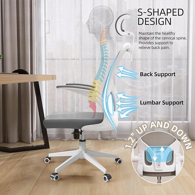 Monhey Office Chairs, Ergonomic Office Chair, Computer Chair with Adjustable Headrest, Lumbar Support, 2D Armrest, Metal Base and Iron Legs, White Frame Grey Mesh Office Chair