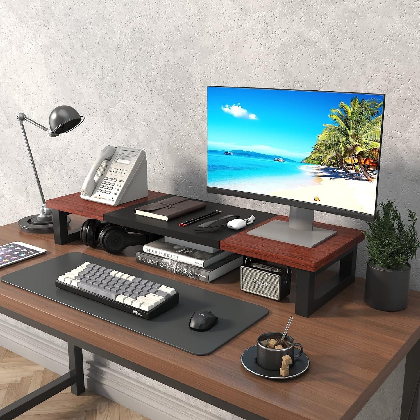 WESTREE Dual Monitor Stand Riser, Wood and Steel Monitor Stand Riser, Computer Monitor Stand for 2 Monitors, Multi-Purpose Desktop Storage Stand for Computer,Laptop,Printer,TV