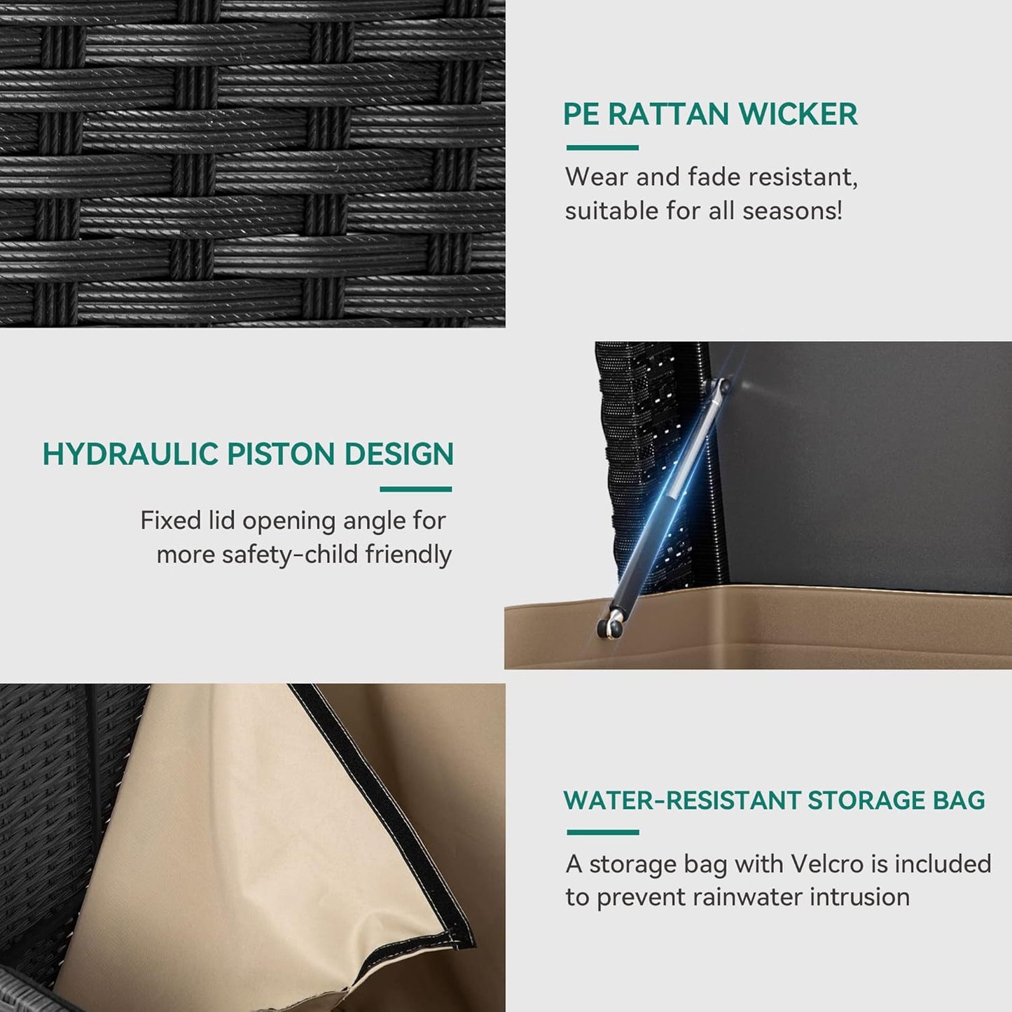 YITAHOME 200 Gallon Large Wicker Deck Box w/Storage Net, Rattan XL Outdoor Storage Box Patio Cushion Storage, Waterproof Storage Box for Patio Furniture, Garden Tools, Pool Sports Equipment (Black)