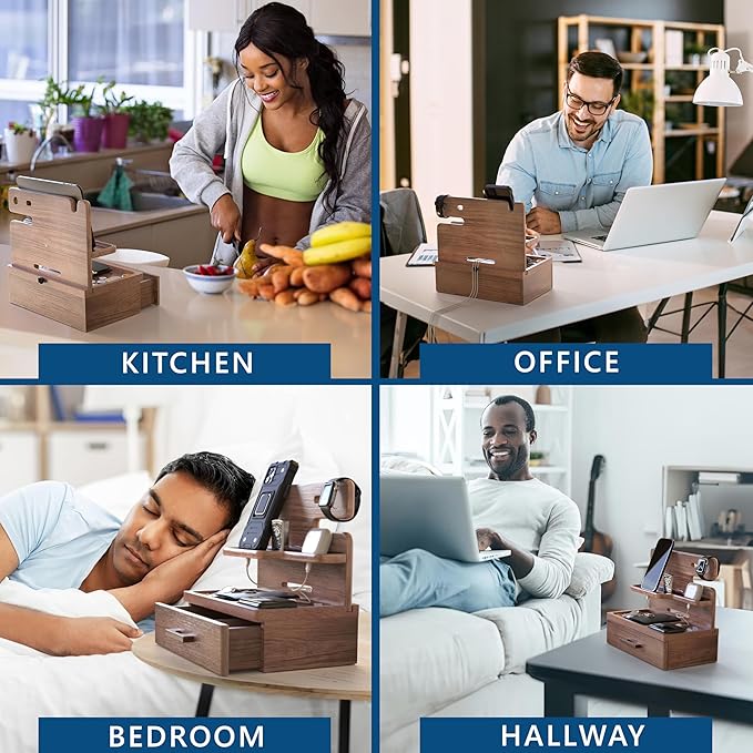 BarvA Phone Docking Station with Drawer Organizer | Night Stand Desk Charging Station | Upgraded Nightstand Organizer | Dresser Smart Watch Earbuds Phone Stand | Room Decor Gifts for Women Men Mom