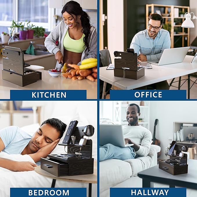 BarvA Phone Docking Station with Drawer Organizer | Night Stand Desk Charging Station | Upgraded Nightstand Organizer | Dresser Smart Watch Earbuds Phone Stand | Room Decor Gifts for Women Men Mom