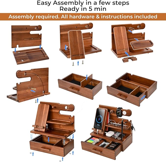 TESLYAR Wood Phone Docking Station with Drawer - Nightstand Organizer - Desk Organizer for Husband - Birthday Gifts for Men or Dad - Anniversary Idea - Key Holder Stand Watch & Accessories (Walnut)