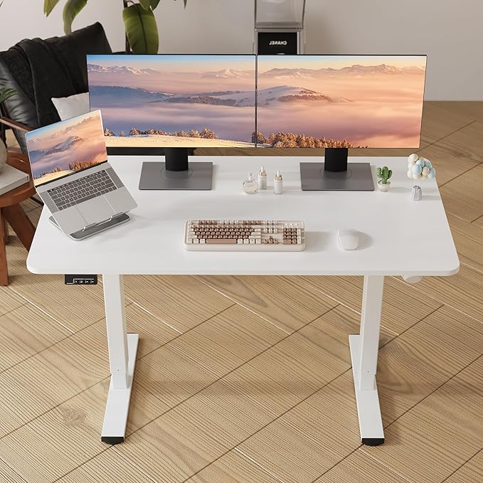 Electric Standing Desk Adjustable Height, 55x24 Inches Sit Stand up Desktop for Home Office, Ergonomic Rising Computer Table with Memory Preset, White