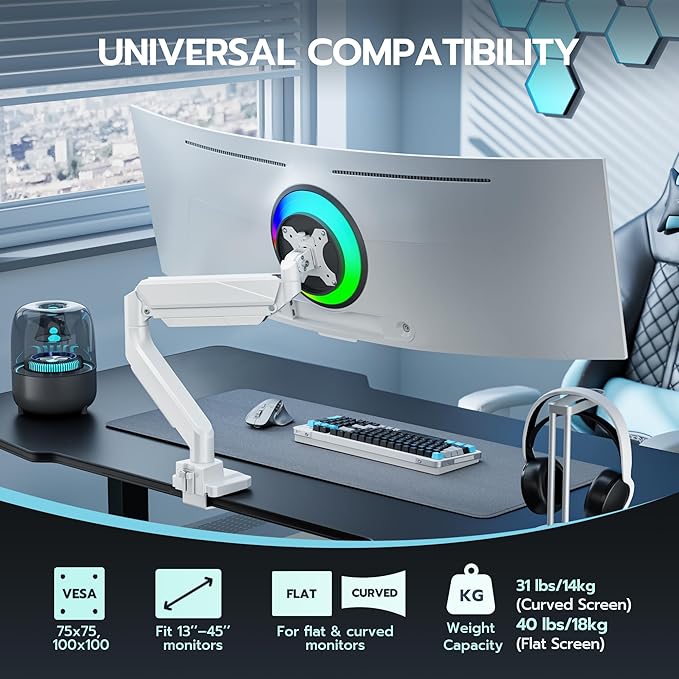 ARES WING Ultrawide Single Monitor Arm, Heavy Duty Monitor Mount for 13"-45" Curved Screens, Adjustable Stand for Desk with C-clamp & Grommet Base up to 40 LBS, White