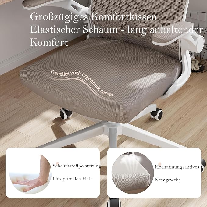 Monhey Office Chair Ergonomic Desk Chair with Lumbar Support&Headrest&Flip-up Arms Height Adjustable Rocking Swivel High Back Computer Chair Warm Taupe Mesh Study Chair (White+Khaki-2)