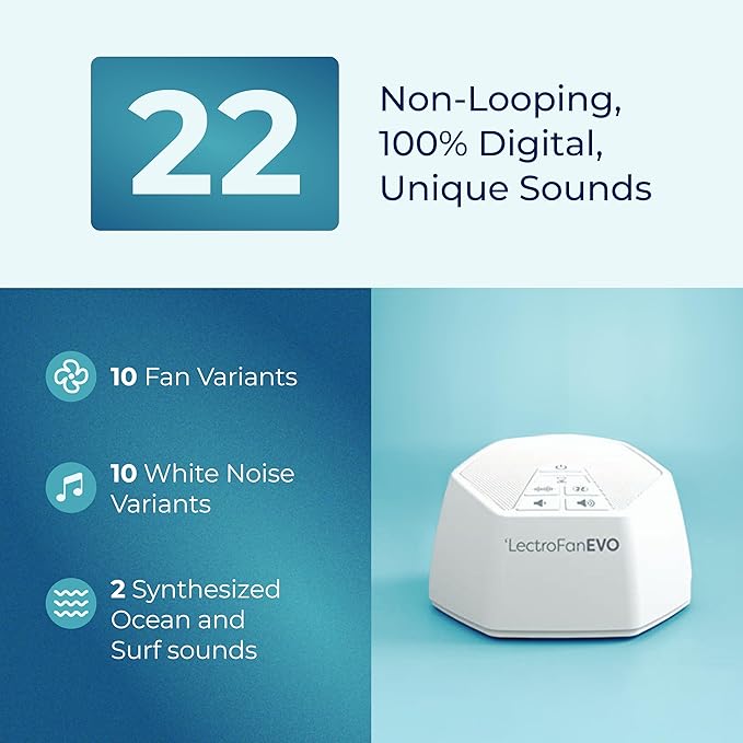 Adaptive Sound Technologies LectroFan EVO White Noise Machine - Compact Sleep Sound Machine for Bedroom, Travel, Study & More - 22 Non-Looping Fan, White & Ocean Noise Variations - White