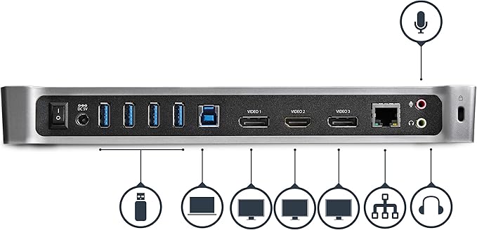 StarTech.com Triple Monitor USB 3.0 Docking Station, 2x 4K DisplayPort & HDMI, USB Type A Universal Laptop Dock, Windows/Mac, TAA