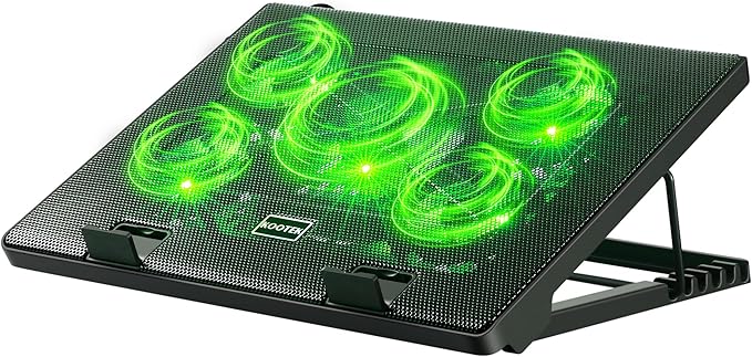 Kootek Laptop Cooling Pad, Laptop Cooler with 5 Quiet Fans for 12"-17" Computer PC Notebook Gaming Laptop Fan, Height Adjustable Laptop Cooling Stand Laptop Accessories, Green