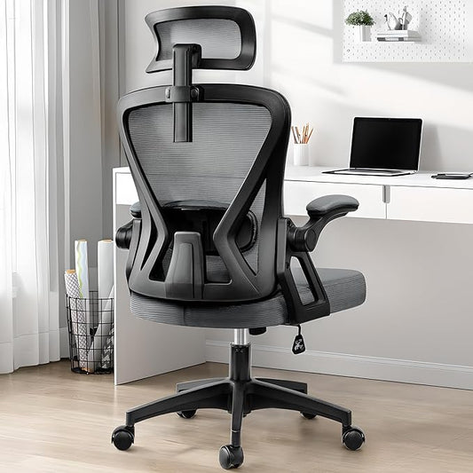 Ergonomic Office Chair, Home Office Desk Chair with Headrest, High Back Mesh Chair with Flip-up Armrests, Comfy Desk Chair with Lumbar Support, Rolling Swivel Task Chair for Office