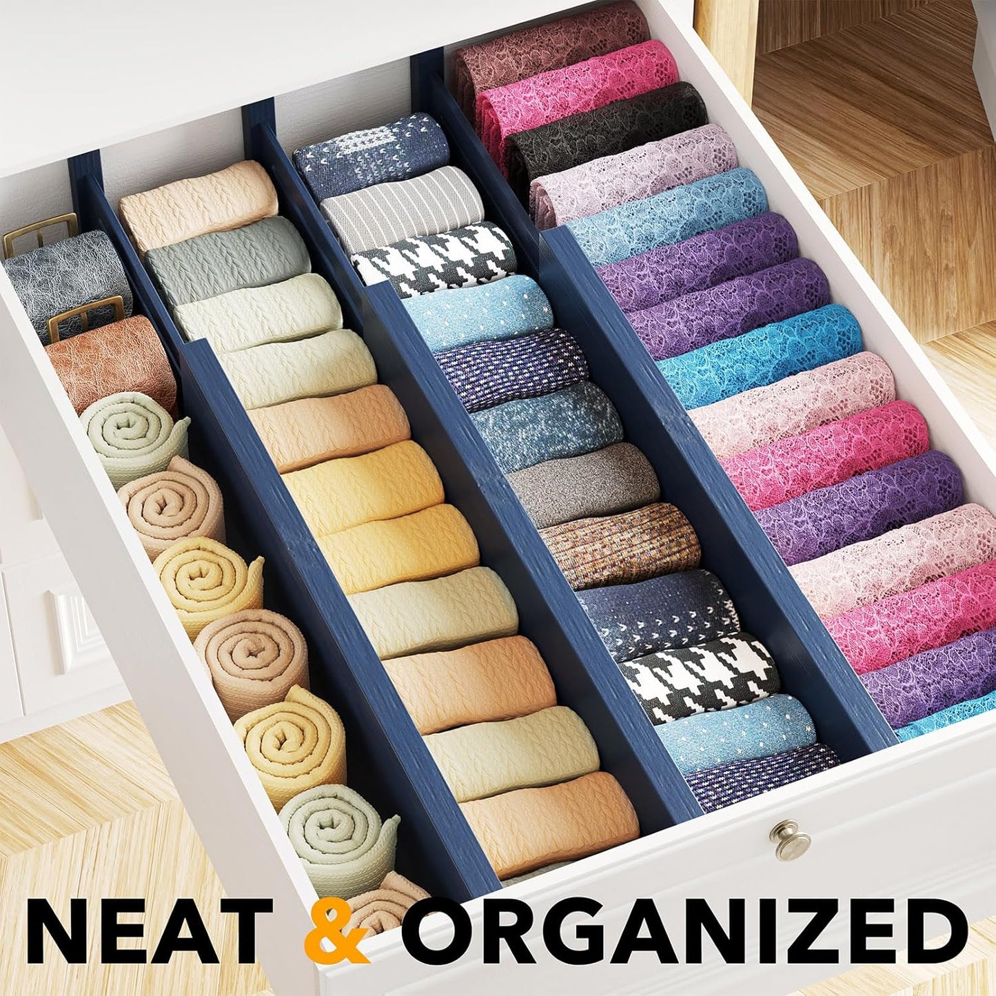 SpaceAid Bamboo Dresser Drawer Dividers 6 Pack, 4.65“ High Adjustable 17“-22” Drawer Organizers, Expandable Organization for Clothing, Clothes, Dressers, Navy Blue