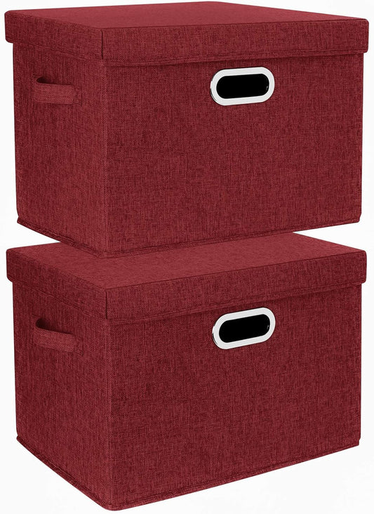 TYEERS Collapsible Storage Bins With Lids, Large Fabric Storage Boxes - 2 Pack - Red Wine