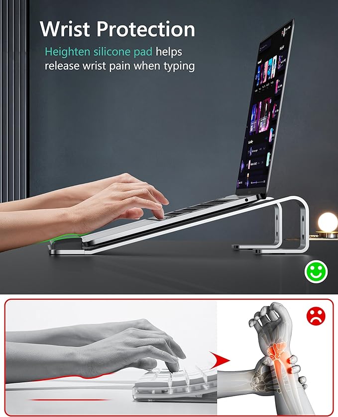 Aluminum Laptop Stand, Notebook Stand with Wrist Rest, Ergonomic Detachable Laptop Mount, Computer Stand Compatible with 10-17'' All Laptops Such as MacBook Air Pro/HP/Dell/Lenovo, Silver