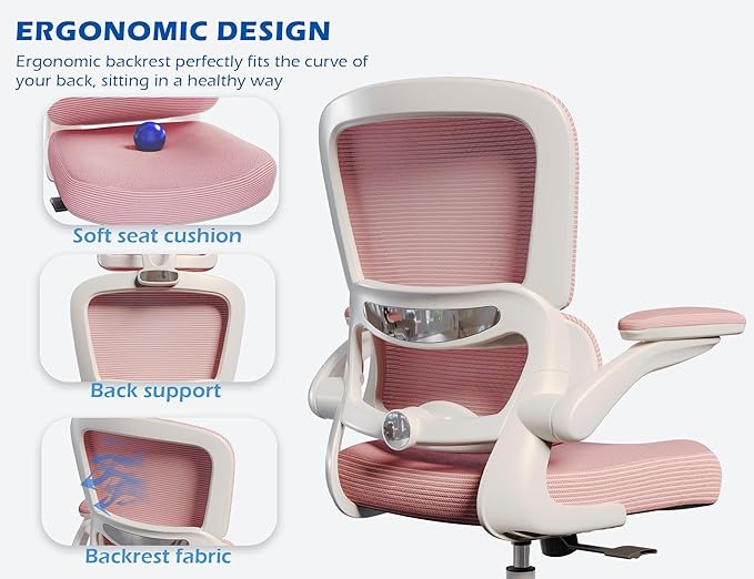 TRALT Ergonomic Office Chair - Desk Chair with Adjustable Lumbar Support Computer Chair - Mesh Comfy Chair with Flip-up Armrests - Gaming Chairs for Adults Home Office (Leather, Pink)