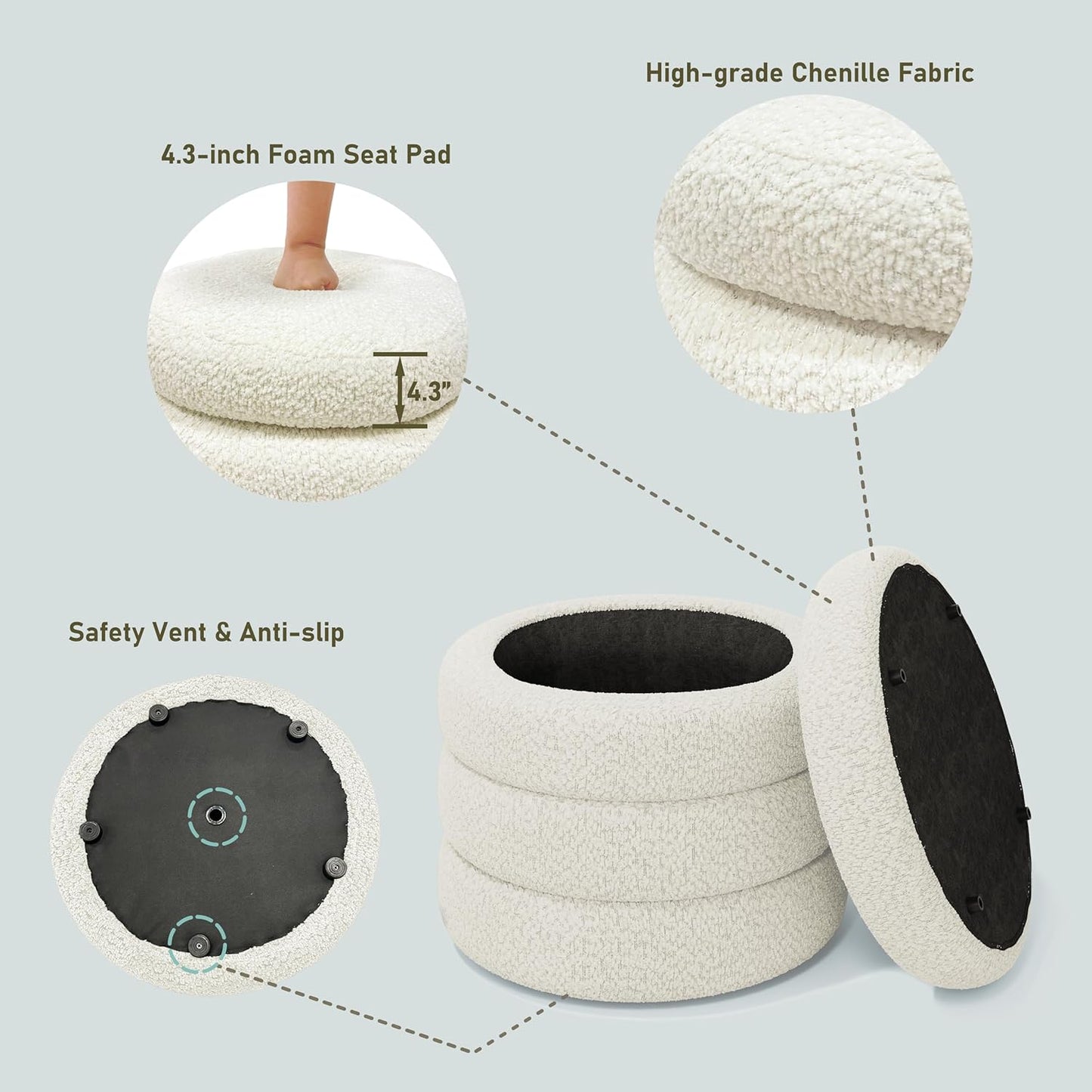 Storage Ottoman, Round Ottoman with Storage, Vanity Stool Foot Rest with Removable Lid, Round Boucle Upholstered for Living Room Pouf Footstool