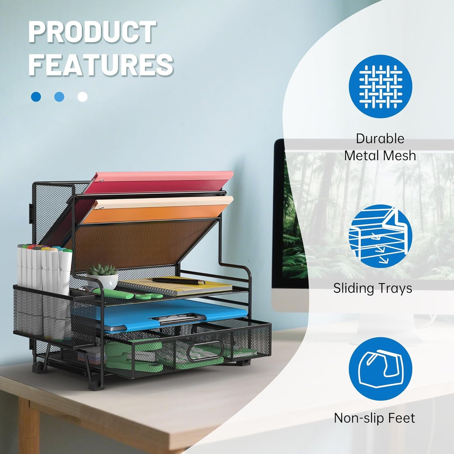 5 Tier Desk Organizer with Drawer & Pen Holders, Desk File Organizer Letter Tray Paper Organizer, Black