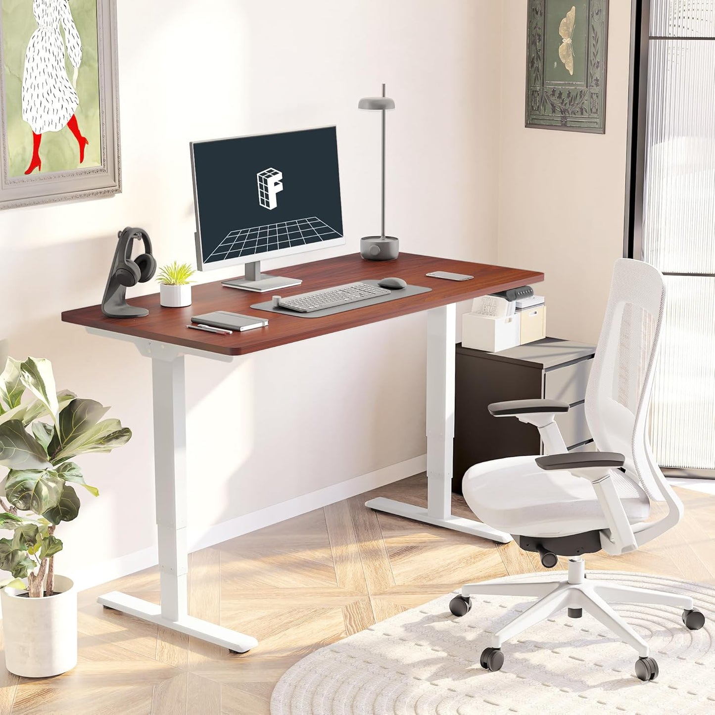 FLEXISPOT E6 Essential 3 Stages Dual Motor Electric Standing Desk 48x30 Inch Whole-Piece Board Height Adjustable Electric Sit Stand Desk(White Frame + Mahogany Desktop, 2 Packages)