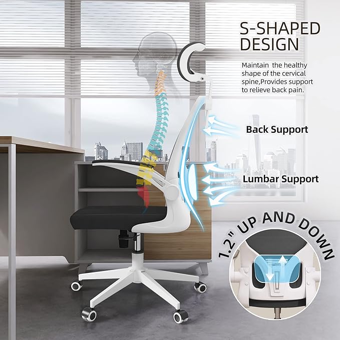 Monhey Office Chair Ergonomic Desk Chair with Lumbar Support&Headrest&Flip-up Arms Height Adjustable Rocking Swivel High Back Computer Chair Warm Taupe Mesh Study Chair (03White+Black)