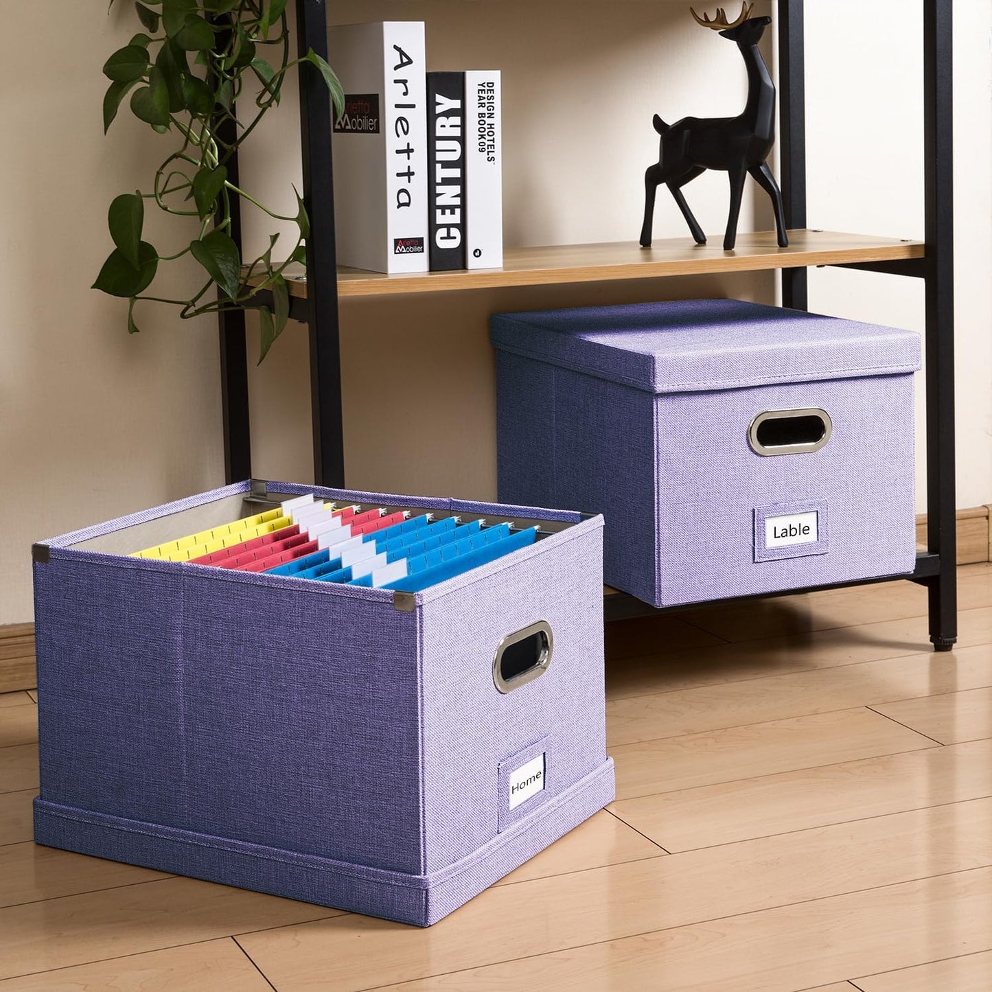 PRANDOM File Organizer Box - Set of 2 Collapsible Decorative Linen Filing Storage Hanging File Folders with Lids Office Cabinet Letter/Legal Size Purple (17x14x11.2 inch)