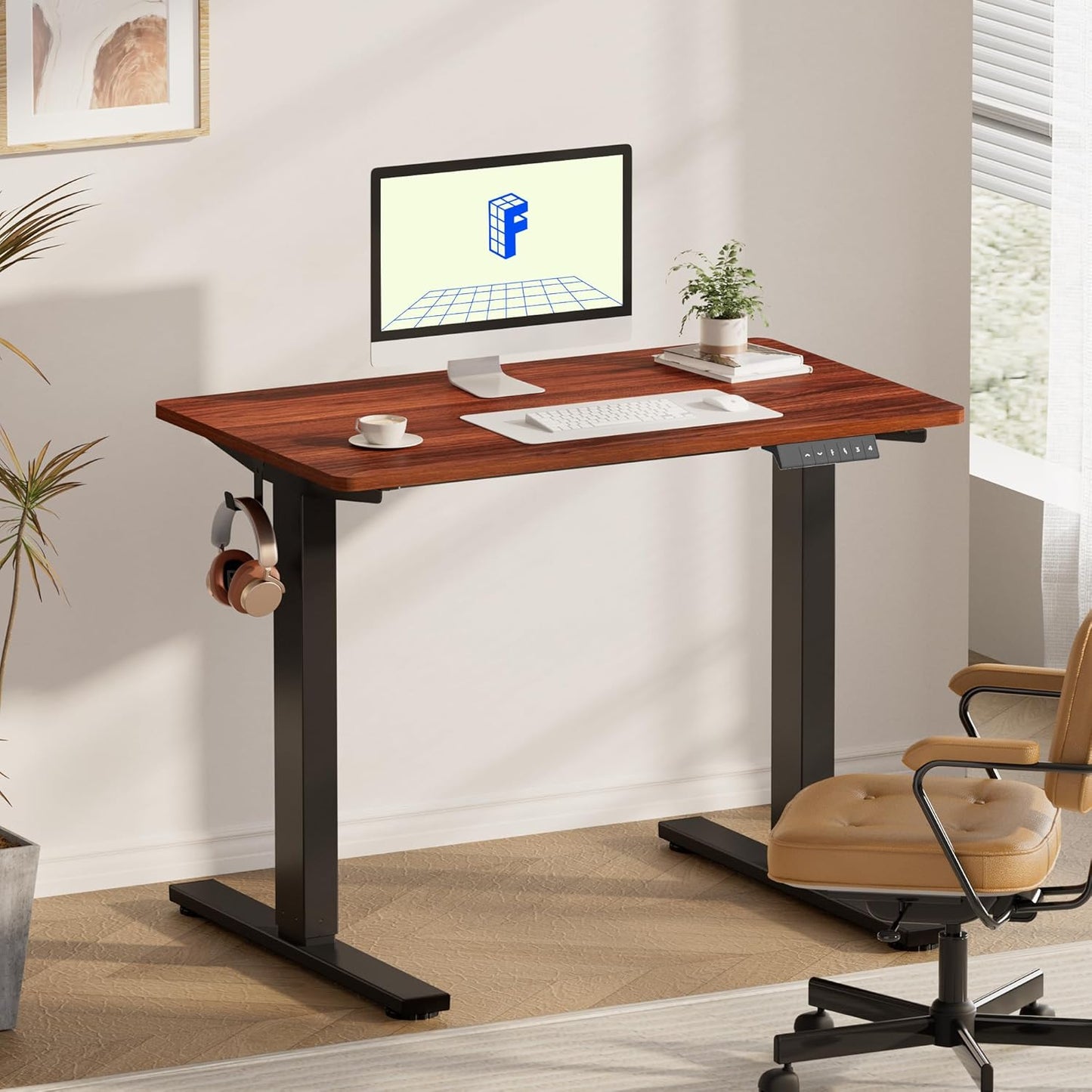 FLEXISPOT EN1 Whole-Piece Standing Desk 40x24 Electric Adjustable Height Small Heavy Duty Steel Stand Up (Black Frame + Mahogany Top, 2 Packages)