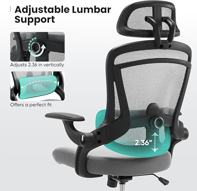 Sweetcrispy Ergonomic High Back Office Chair with 2D Headrest, Up&Down Lumbar Support, Swivel Computer Task Mesh Desk Chairs with Adjustable Flip-up Armrests,Grey