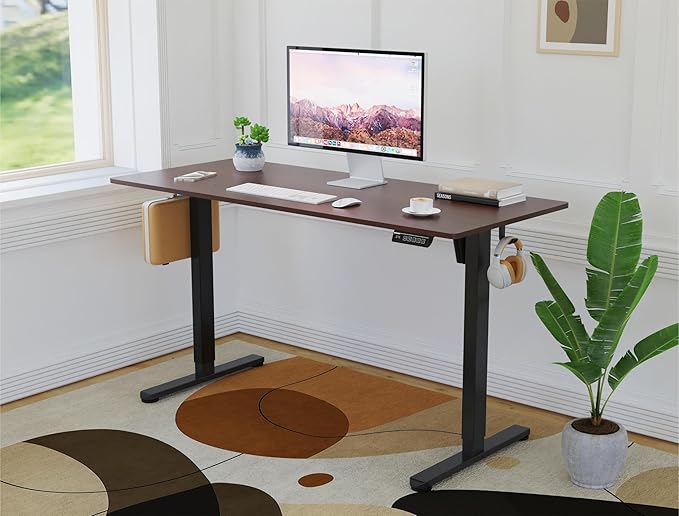 NSY Audio Electric Standing Desk 55x24 Inches - Height Adjustable, Whisper Quiet Motor, Walnut Top & Black Frame for Home Office Gaming, Focused Work, Walnut Brown