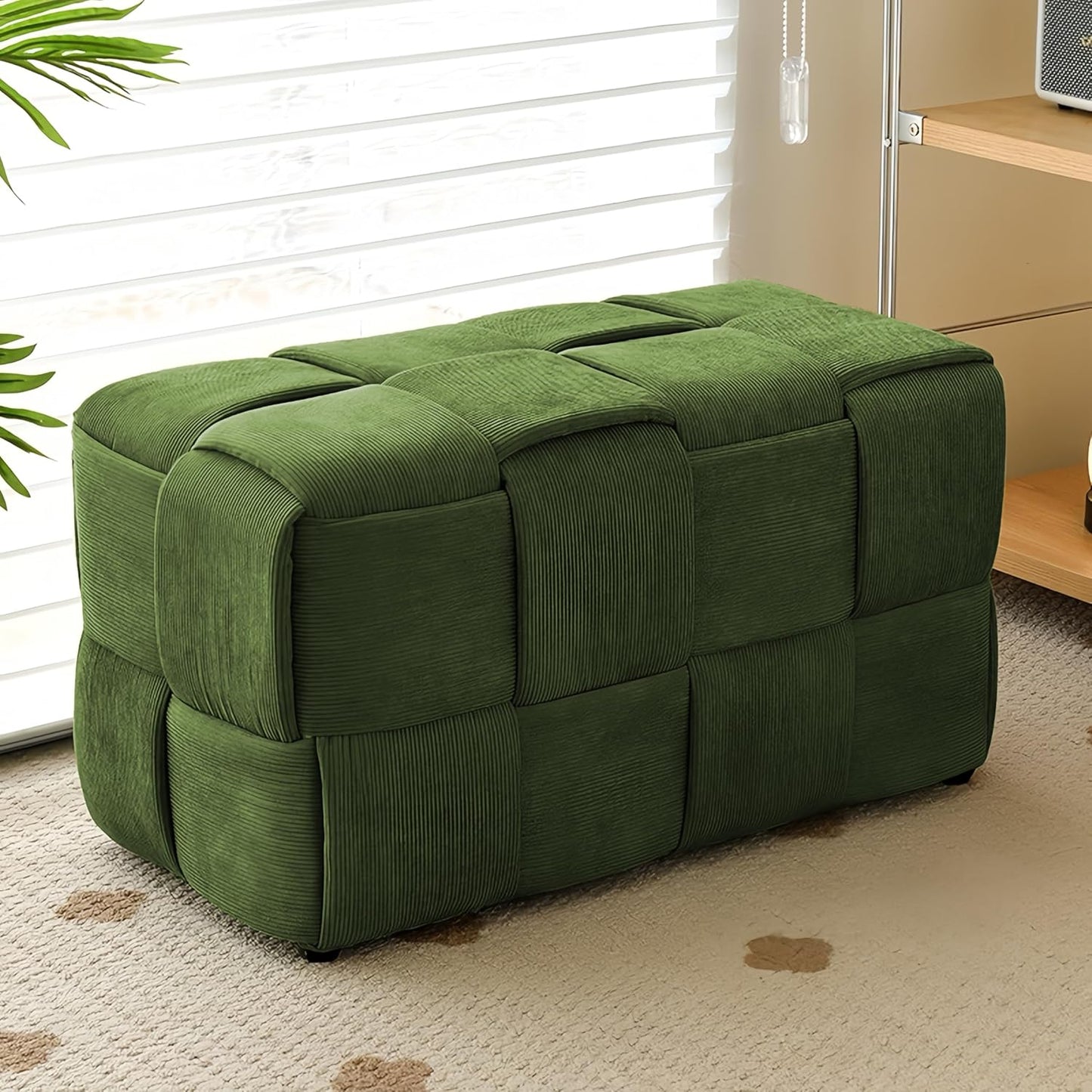 Ottoman Foot Rest Soft and Comfortable Ottoman Square Corduroy Woven Design Sofa Stool (Green-L)