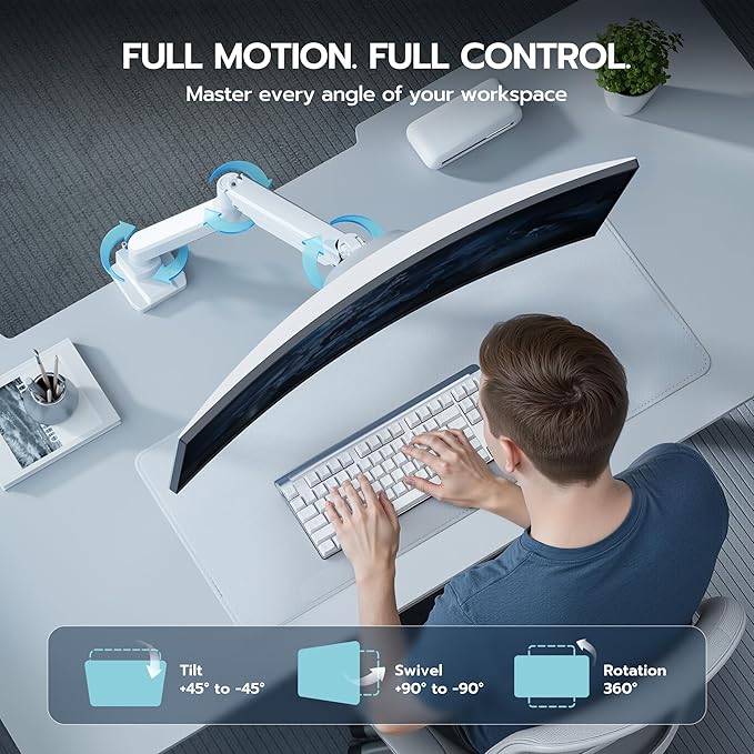 ARES WING Ultrawide Single Monitor Arm, Heavy Duty Monitor Mount for 13"-45" Curved Screens, Adjustable Stand for Desk with C-clamp & Grommet Base up to 40 LBS, White