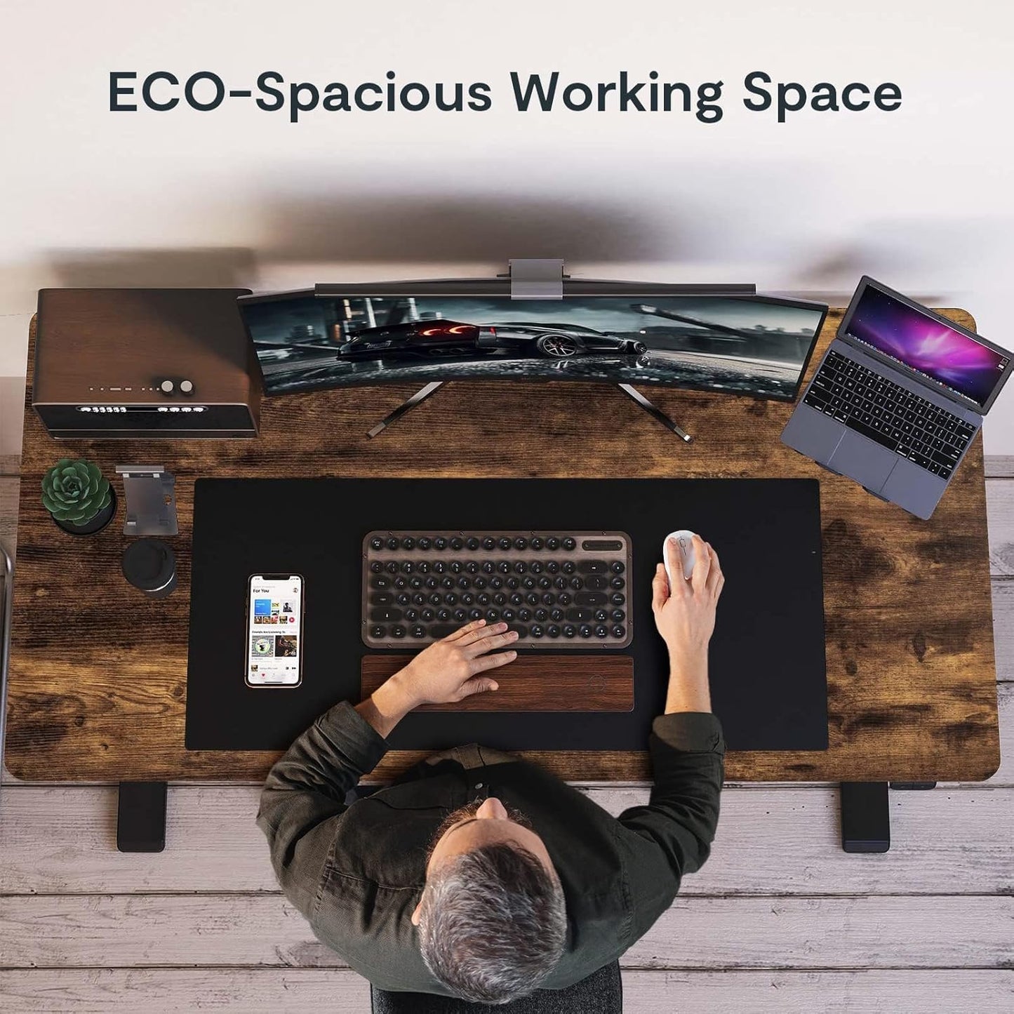 FLEXISPOT EN1 Whole-Piece Standing Desk, 48x24 Electric Sit Stand Desk for Home Office (Black Frame + Rustic Top, 2 Packages)