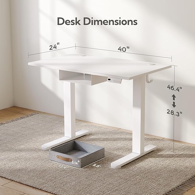 Seang Standing Desk with Drawer, 40" x 24" Height Adjustable Stand Up Desk, 3 Memory Height Settings with Cable Grommets & Storage Hooks, Ideal for Home & Office, White