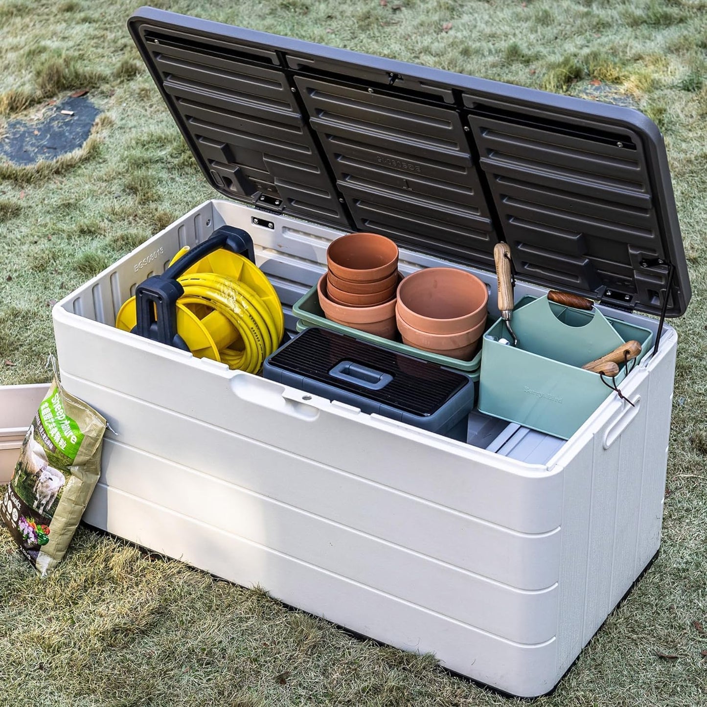 100 Gallon Outdoor Storage Box Waterproof Lockable Resin Deck Box Large, Patio Storage Bin for Pool Accessories Cushion Furniture, Garden Tools, UV-Resistant Outside Delivery Black&White