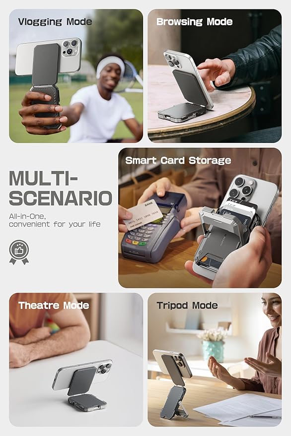 SUPCASE for MagSafe Wallet with Stand, Magnetic Wallet for Men, [Hold 5 Cards] [Adjustable Stand] [RFID Blocking] Phone Stand Credit Card Holder Tripod for iPhone 16/15/14/13/12 Series, Silver