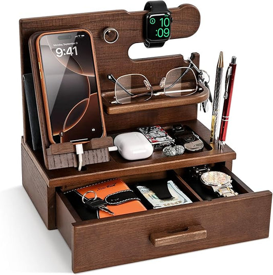 TESLYAR Wood Phone Docking Station with Drawer - Nightstand Organizer - Desk Organizer for Husband - Birthday Gifts for Men, Dad, Anniversary Idea, Key Holder Stand Watch & Accessories (Antique Brown)