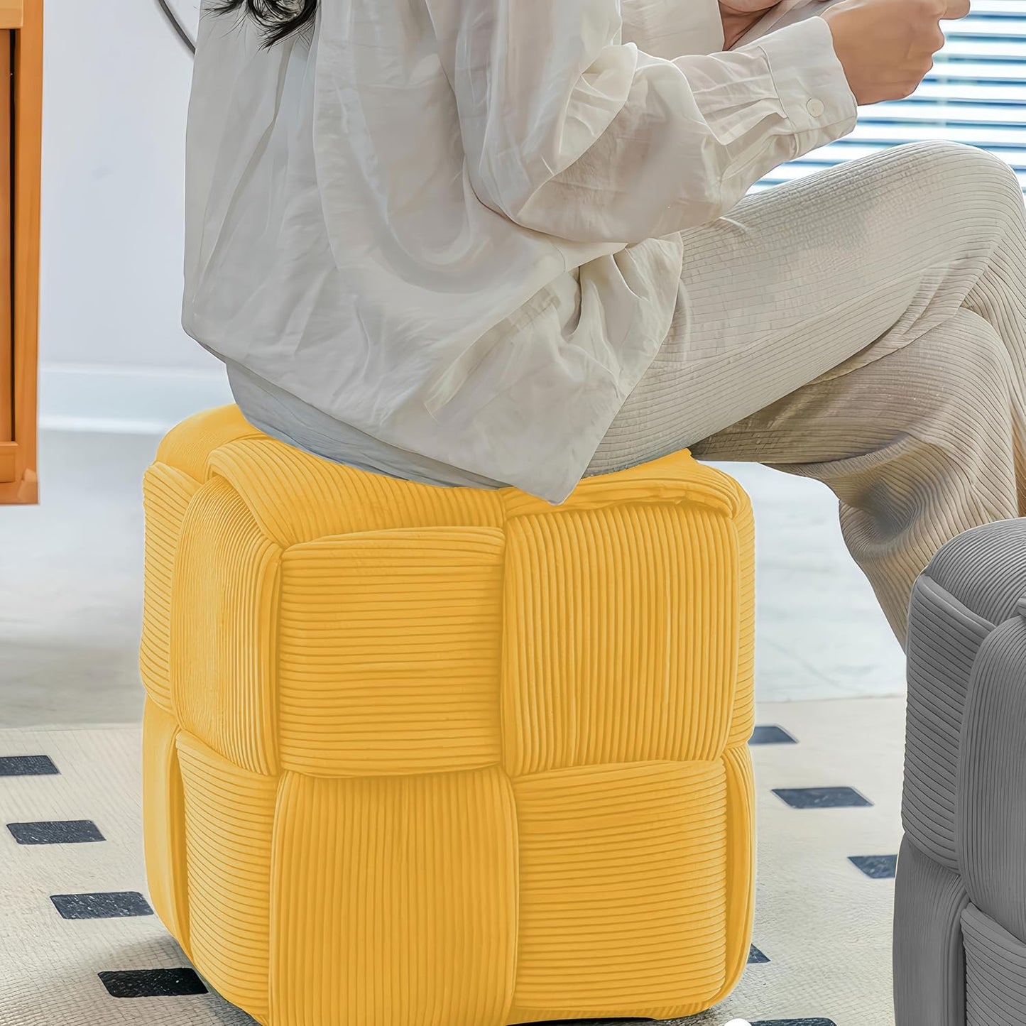 Ottoman Foot Rest Soft and Comfortable Ottoman Square Corduroy Woven Design Sofa Stool (Yellow)