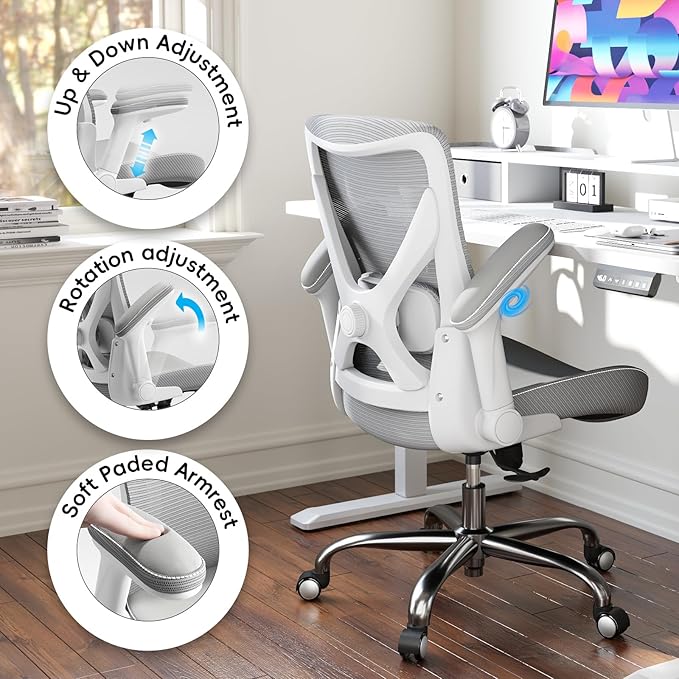 Ergonomic Office Chair-Computer PU Leather X-Shaped Desk Chair-Gaming Chair with Adjustable Flip-up Armrests Lumbar Support Mesh Executive Chair for Long Hours Office (White-Grey)