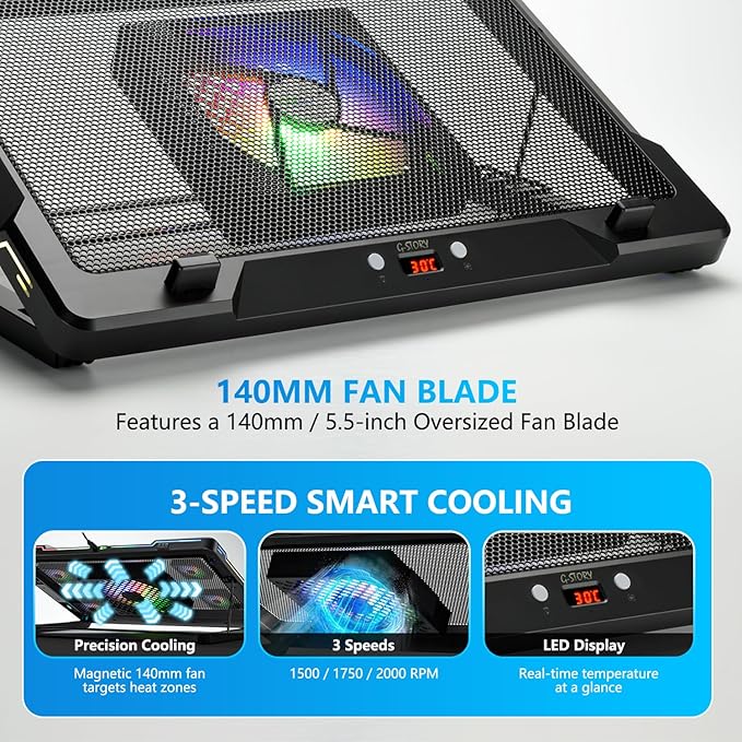G-STORY Gaming Laptop Cooling Pad with Movable Fan and Automatic Speed Adjustable by Temperature,Music Sync RGB Light,Low Noise Laptop Cooler 3 Speed 1500/1750/2000RPM(140MM) Stand 12–18" Notebook